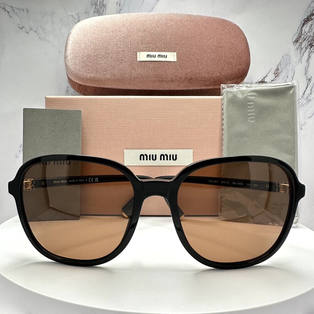 New MIU MIU Sunglasses MU B01S 16K90Q Black Brown Lens Oversized Pillow Square - Picture 14 of 16